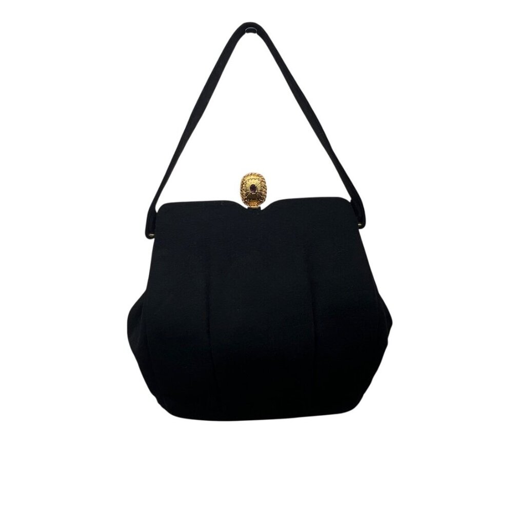 Vintage Rosenfeld Black Gold Clasp & Purple Gem Detail Evening Clutch Bag Sz S